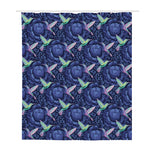 Dark Blue Floral Hummingbird Print Polyester Shower Curtain