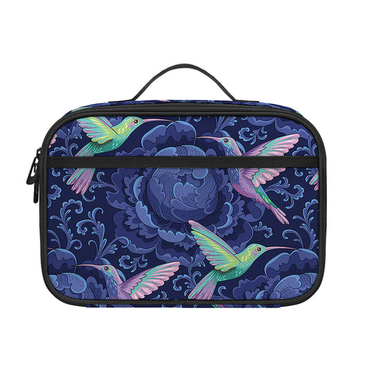 Dark Blue Floral Hummingbird Print Portable Lunch Bag