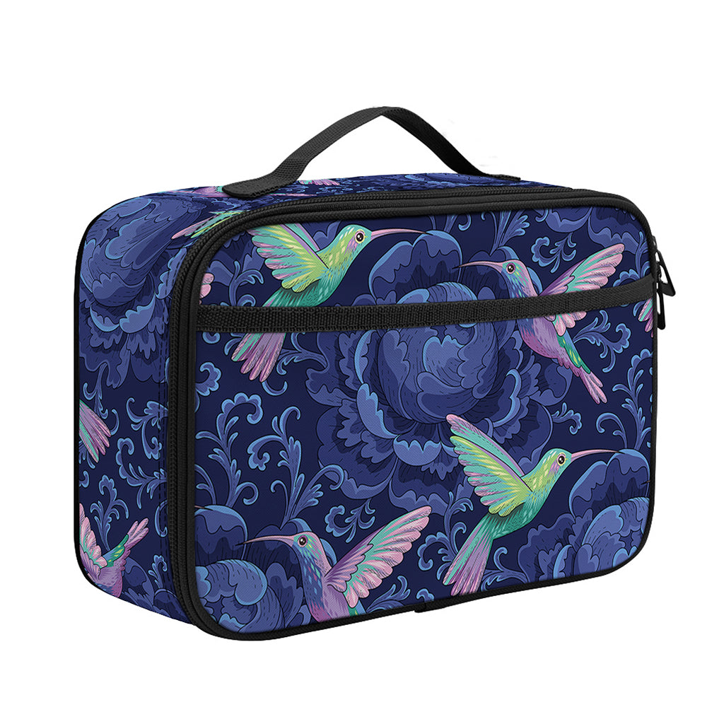 Dark Blue Floral Hummingbird Print Portable Lunch Bag