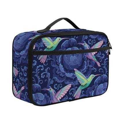 Dark Blue Floral Hummingbird Print Portable Lunch Bag