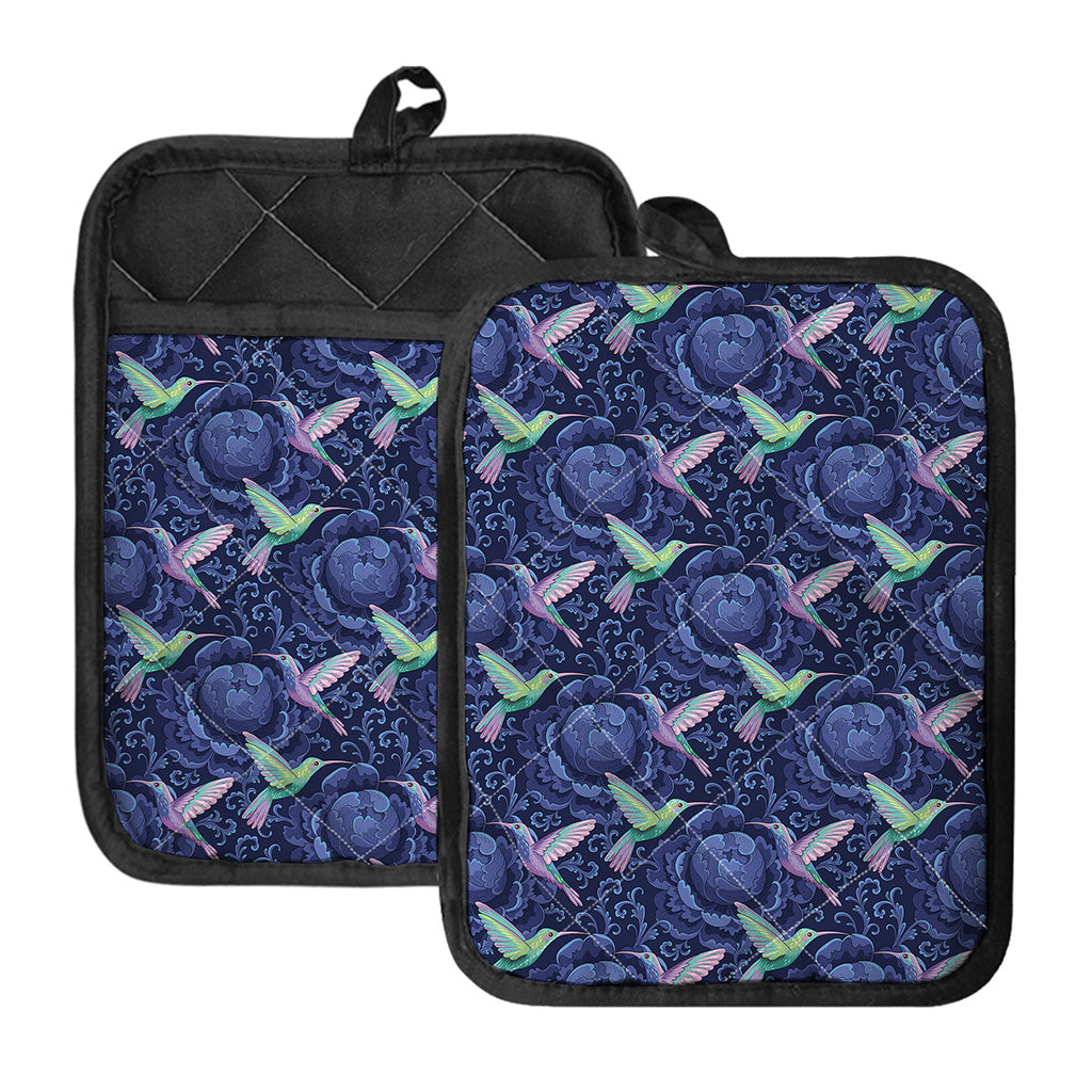 Dark Blue Floral Hummingbird Print Pot Holders With Pocket