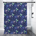 Dark Blue Floral Hummingbird Print Premium Shower Curtain