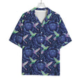 Dark Blue Floral Hummingbird Print Rayon Hawaiian Shirt