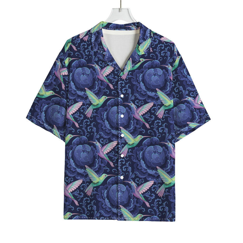 Dark Blue Floral Hummingbird Print Rayon Hawaiian Shirt