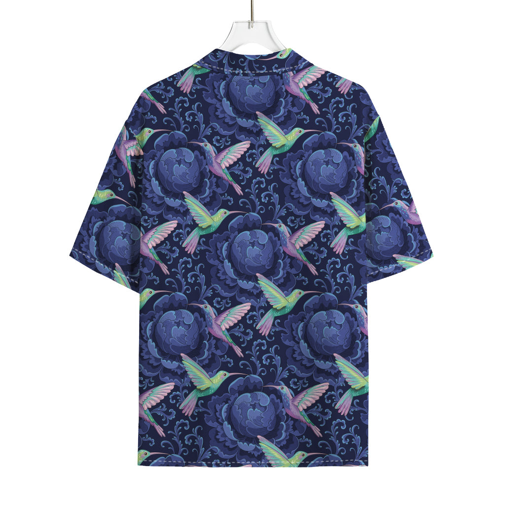 Dark Blue Floral Hummingbird Print Rayon Hawaiian Shirt