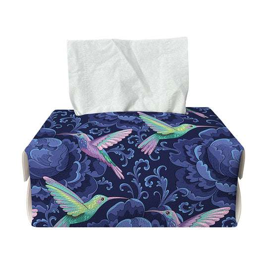 Dark Blue Floral Hummingbird Print Rectangle Tissue Box Cover