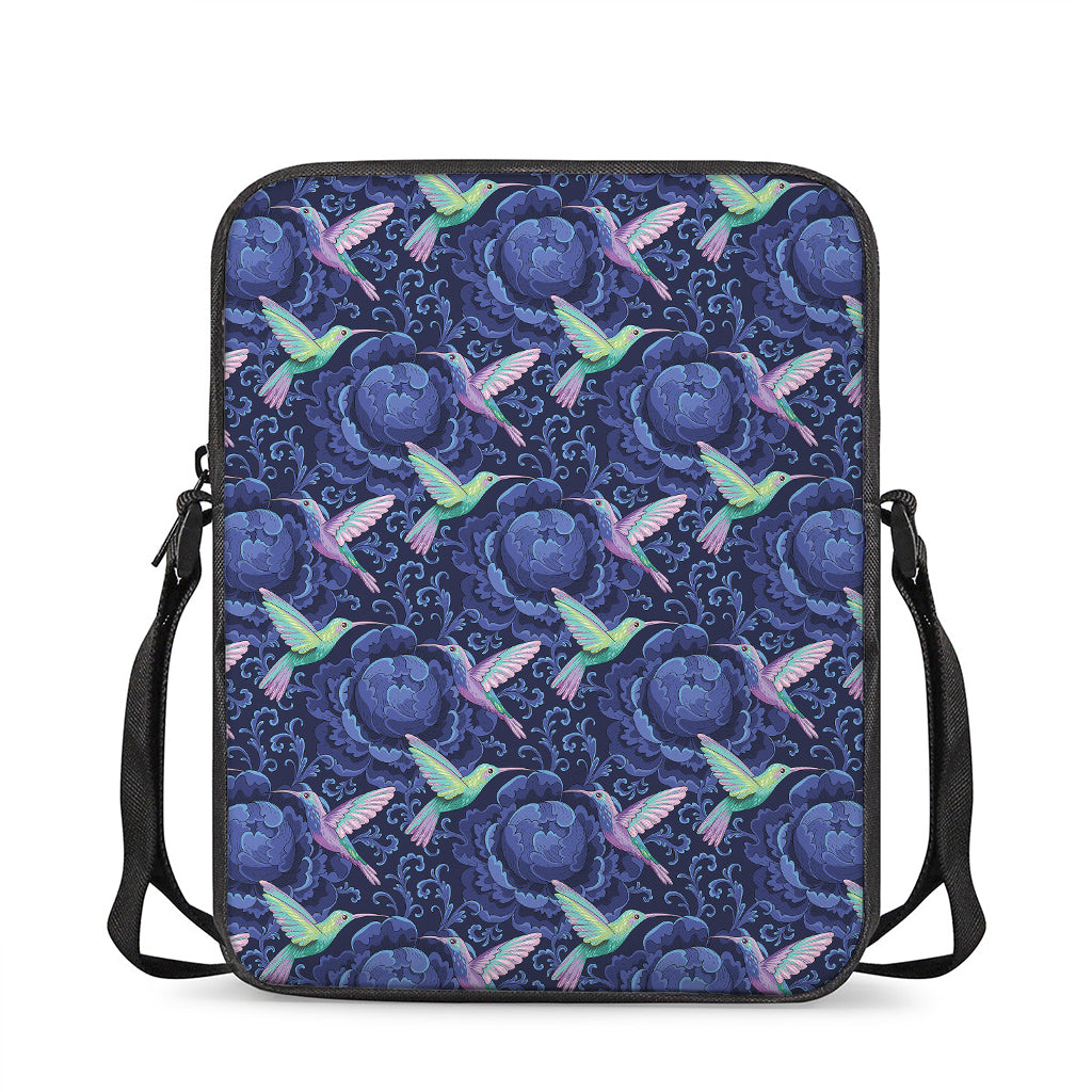 Dark Blue Floral Hummingbird Print Rectangular Crossbody Bag