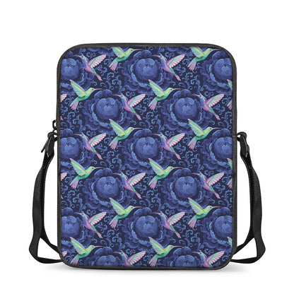 Dark Blue Floral Hummingbird Print Rectangular Crossbody Bag