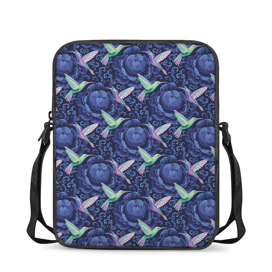 Dark Blue Floral Hummingbird Print Rectangular Crossbody Bag