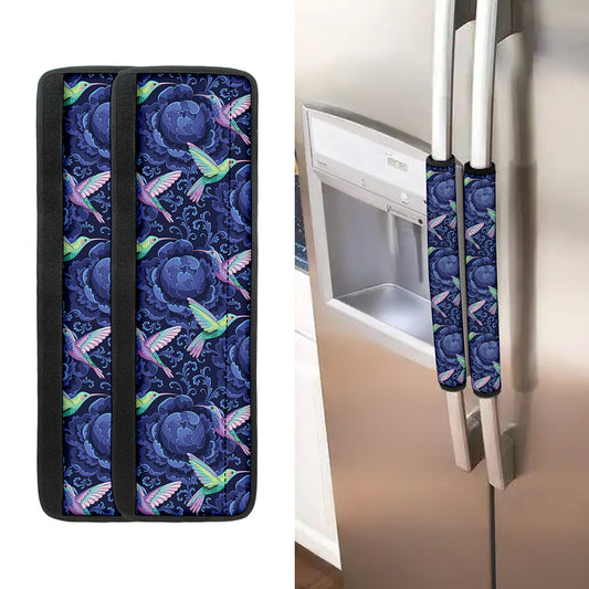 Dark Blue Floral Hummingbird Print Refrigerator Handle Covers