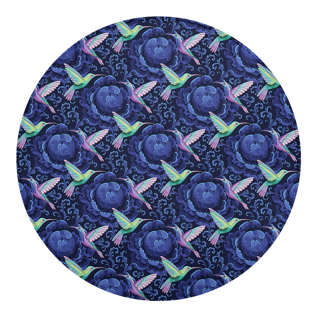 Dark Blue Floral Hummingbird Print Round Blanket