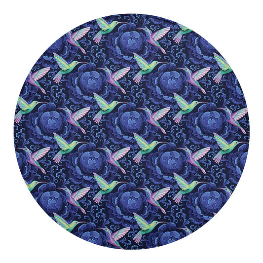Dark Blue Floral Hummingbird Print Round Blanket