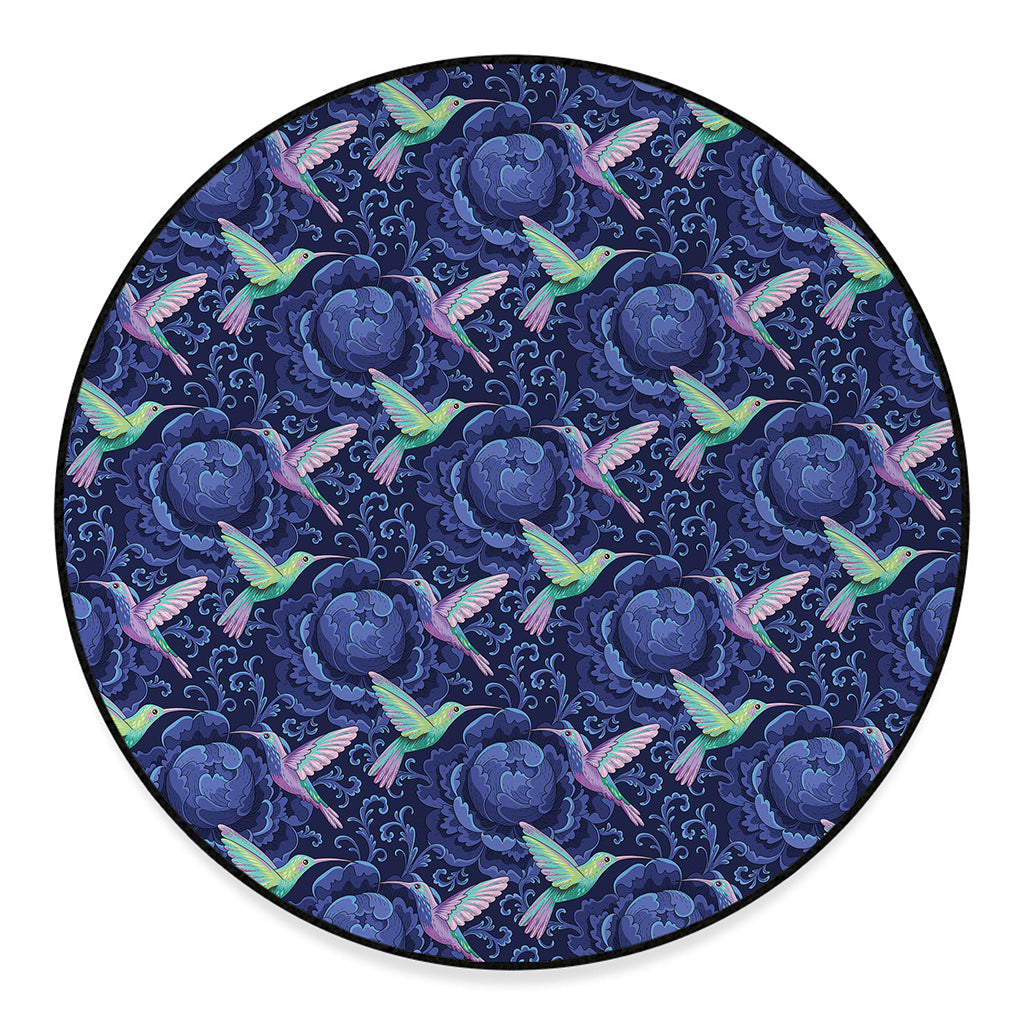 Dark Blue Floral Hummingbird Print Round Floor Mat