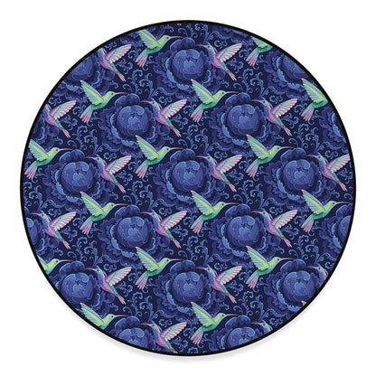 Dark Blue Floral Hummingbird Print Round Floor Mat