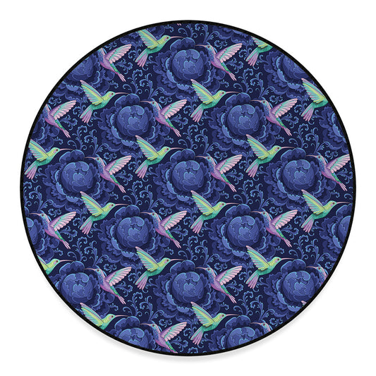 Dark Blue Floral Hummingbird Print Round Floor Mat