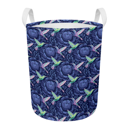 Dark Blue Floral Hummingbird Print Round Laundry Basket