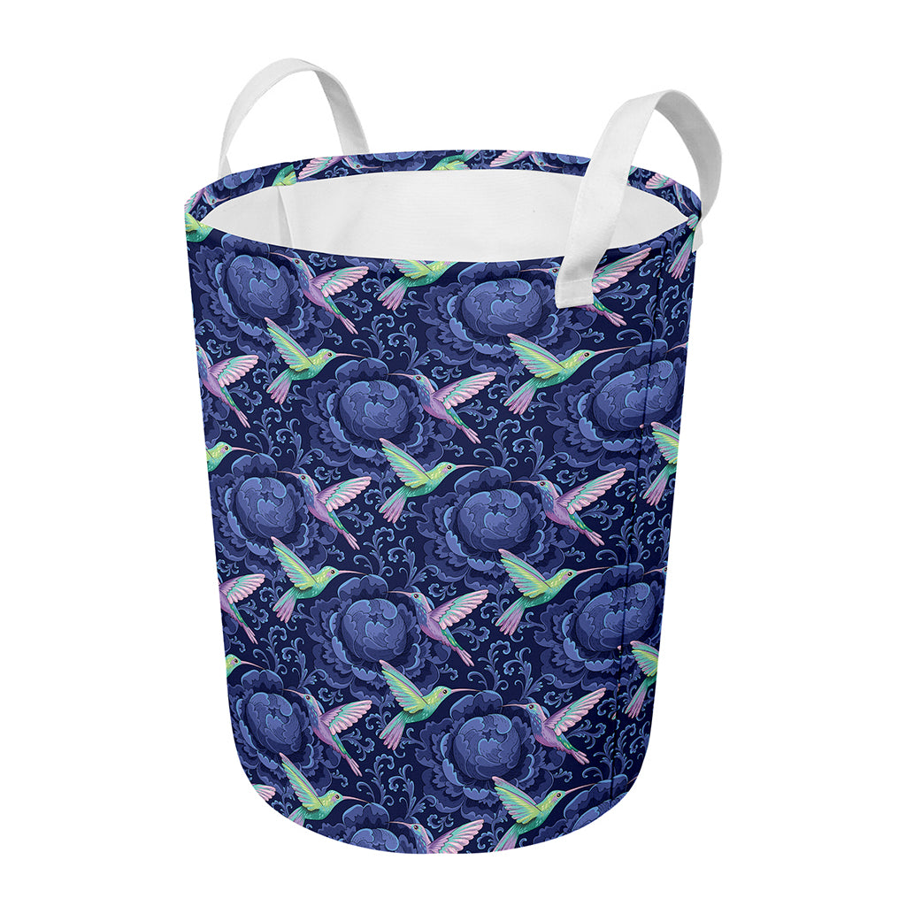 Dark Blue Floral Hummingbird Print Round Laundry Basket