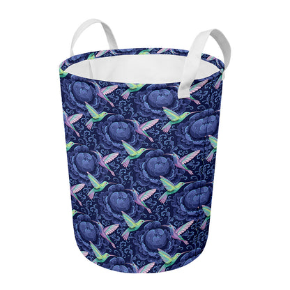 Dark Blue Floral Hummingbird Print Round Laundry Basket