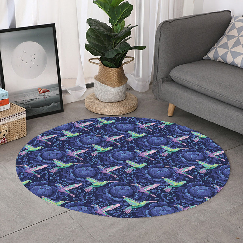 Dark Blue Floral Hummingbird Print Round Rug