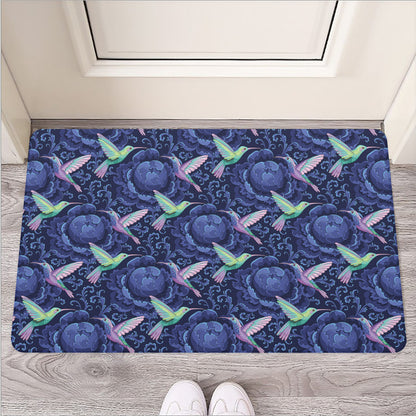 Dark Blue Floral Hummingbird Print Rubber Doormat