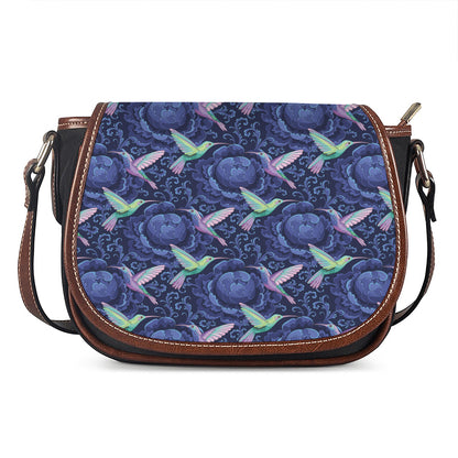 Dark Blue Floral Hummingbird Print Saddle Bag