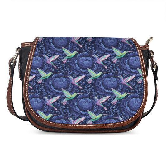 Dark Blue Floral Hummingbird Print Saddle Bag