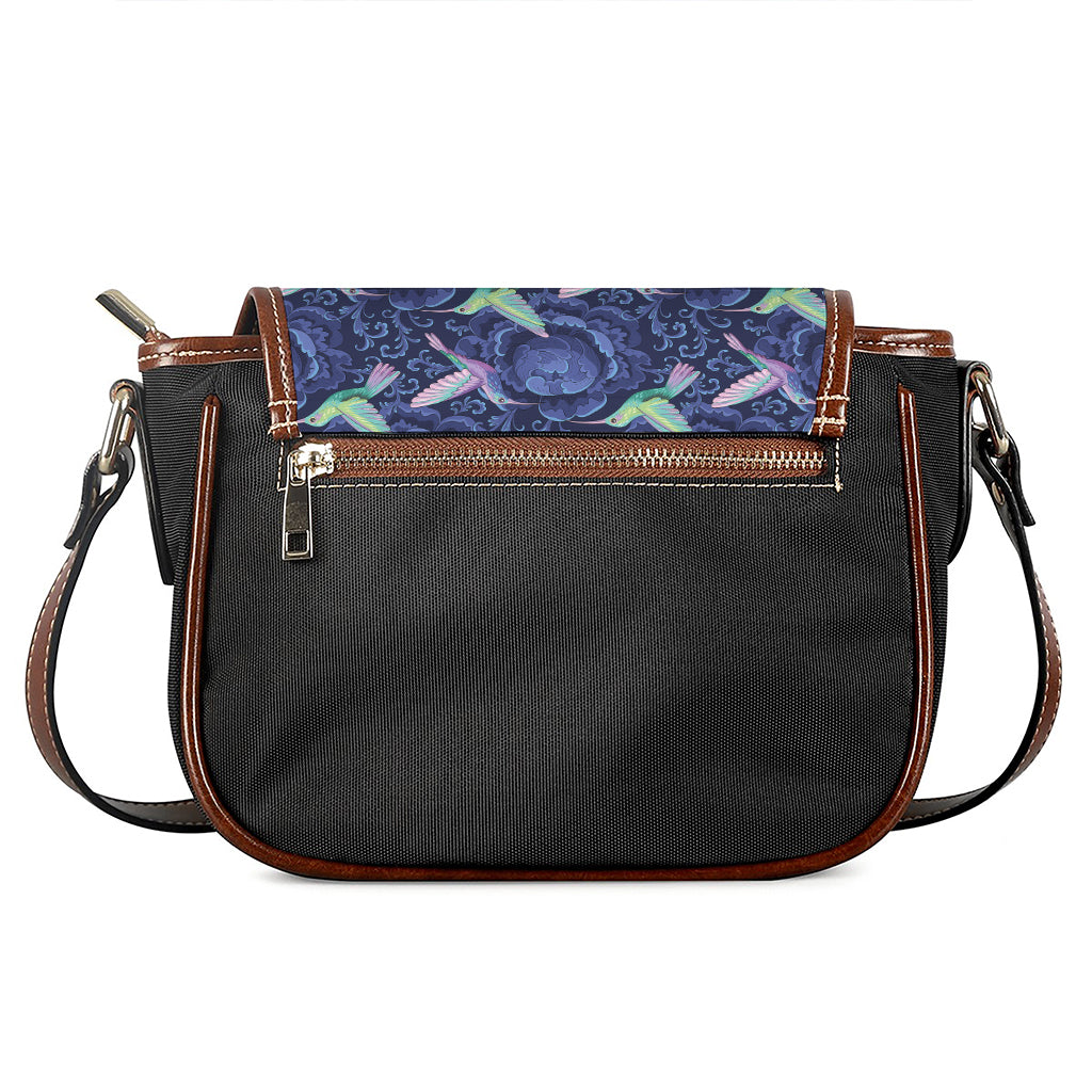 Dark Blue Floral Hummingbird Print Saddle Bag
