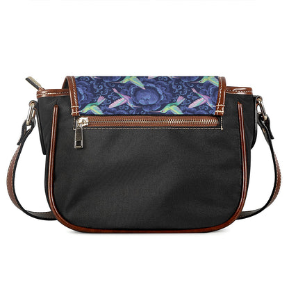 Dark Blue Floral Hummingbird Print Saddle Bag