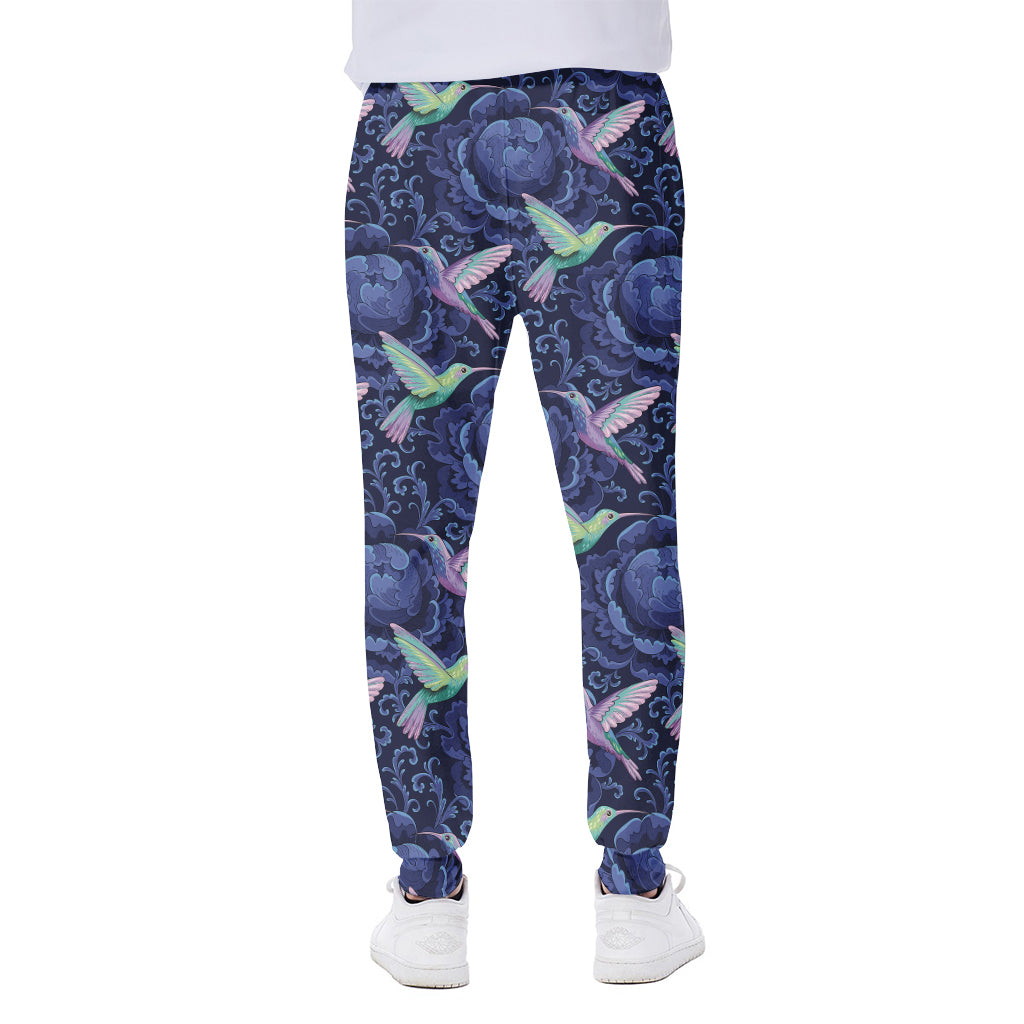 Dark Blue Floral Hummingbird Print Scuba Joggers