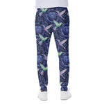 Dark Blue Floral Hummingbird Print Scuba Joggers