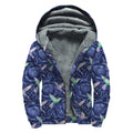 Dark Blue Floral Hummingbird Print Sherpa Lined Zip Up Hoodie