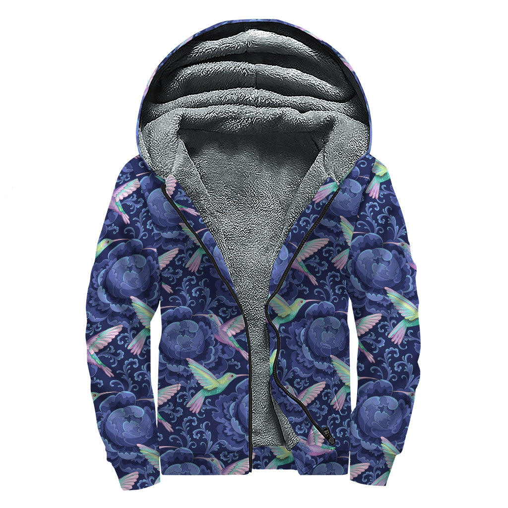 Dark Blue Floral Hummingbird Print Sherpa Lined Zip Up Hoodie