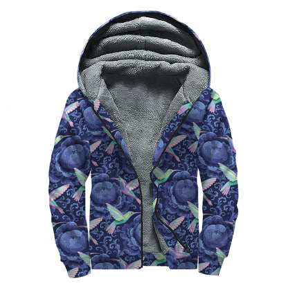 Dark Blue Floral Hummingbird Print Sherpa Lined Zip Up Hoodie