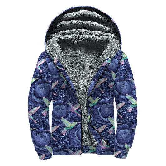 Dark Blue Floral Hummingbird Print Sherpa Lined Zip Up Hoodie
