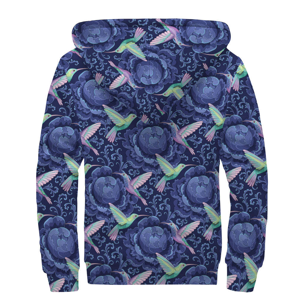 Dark Blue Floral Hummingbird Print Sherpa Lined Zip Up Hoodie