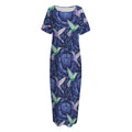 Dark Blue Floral Hummingbird Print Short Sleeve Long Nightdress