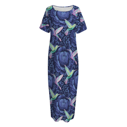 Dark Blue Floral Hummingbird Print Short Sleeve Long Nightdress