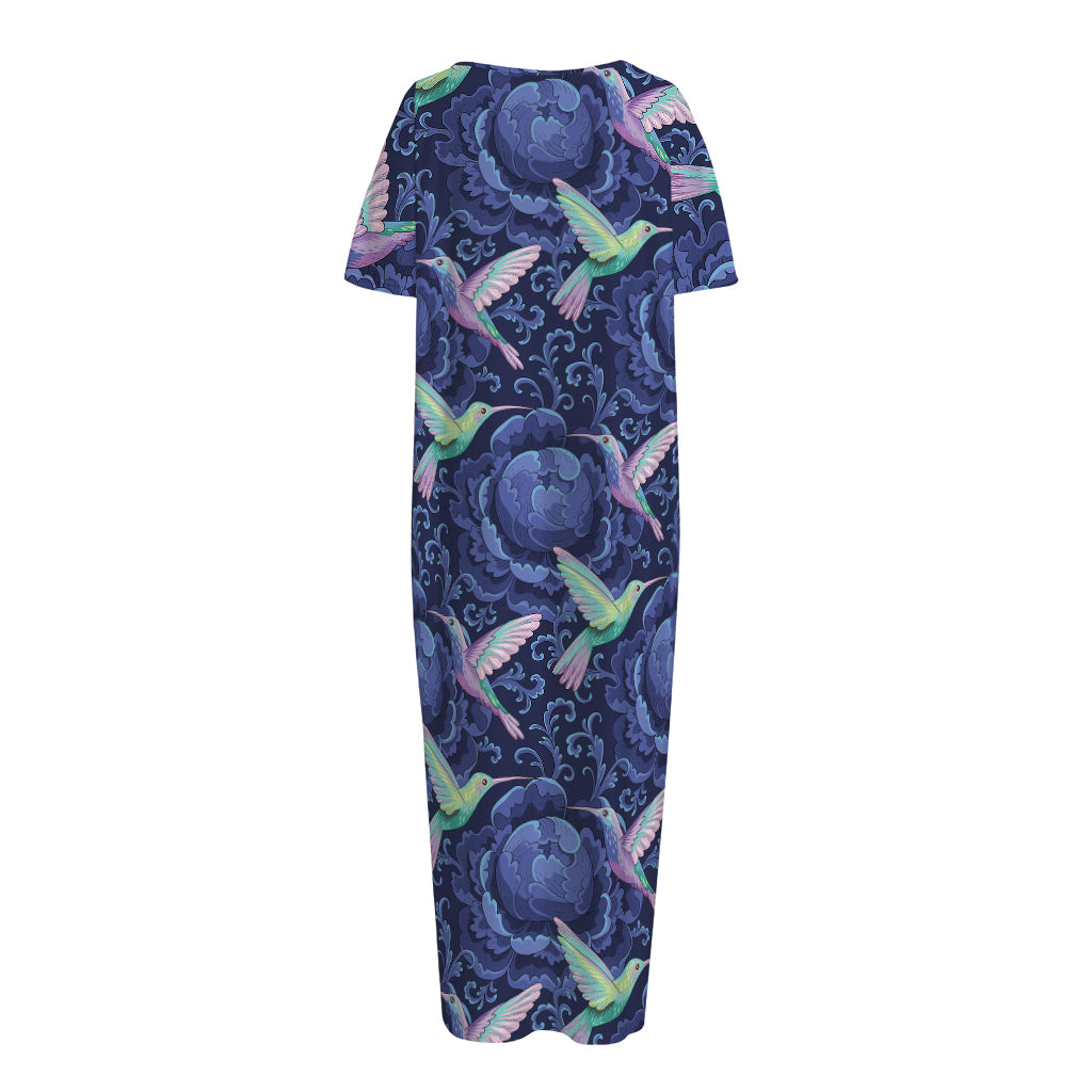 Dark Blue Floral Hummingbird Print Short Sleeve Long Nightdress
