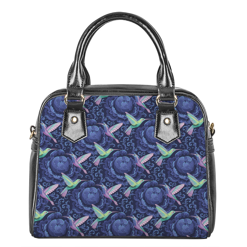 Dark Blue Floral Hummingbird Print Shoulder Handbag