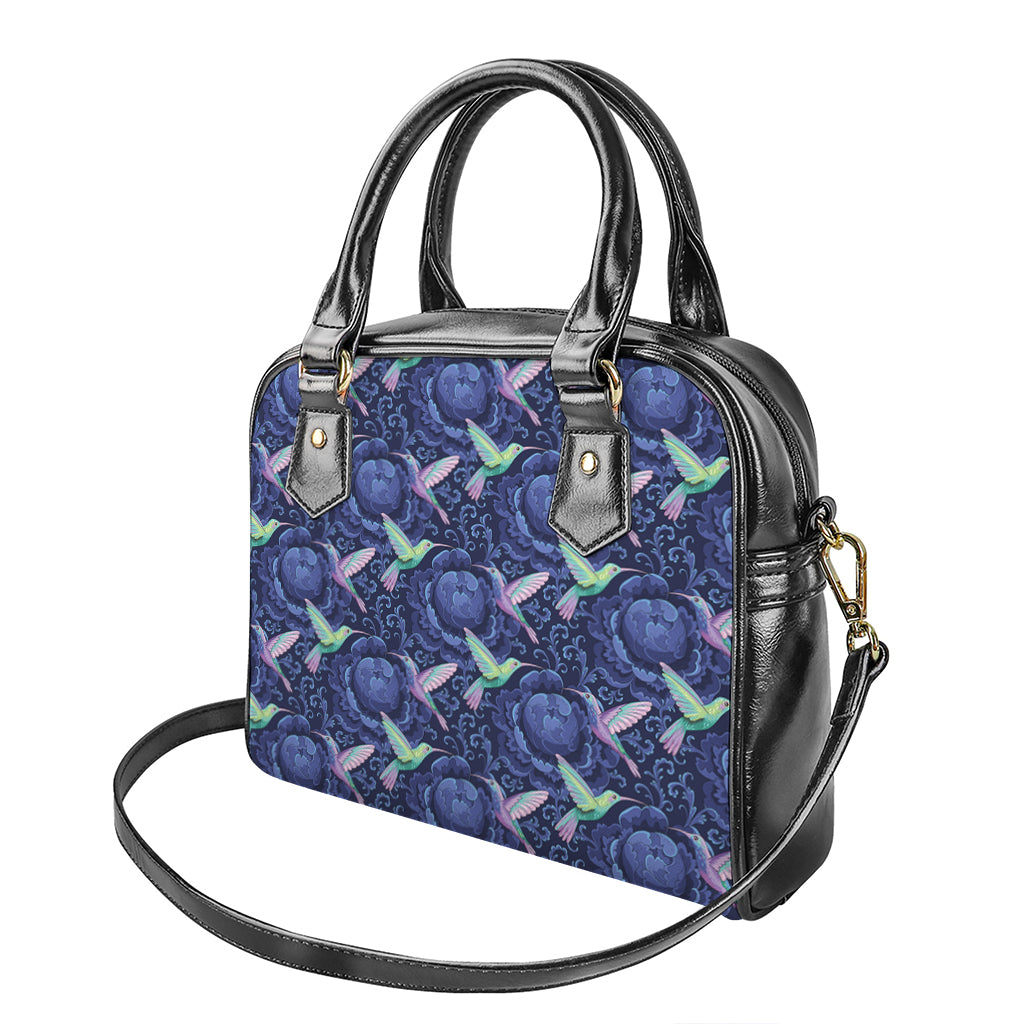 Dark Blue Floral Hummingbird Print Shoulder Handbag