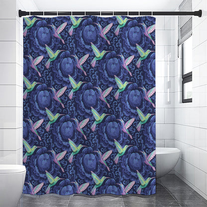 Dark Blue Floral Hummingbird Print Shower Curtain