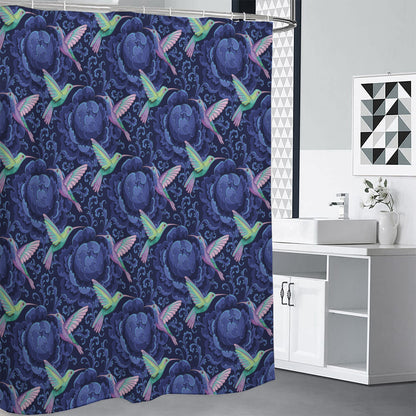 Dark Blue Floral Hummingbird Print Shower Curtain