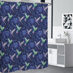 Dark Blue Floral Hummingbird Print Shower Curtain