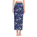 Dark Blue Floral Hummingbird Print Side Slit Maxi Skirt