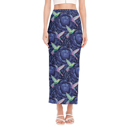 Dark Blue Floral Hummingbird Print Side Slit Maxi Skirt