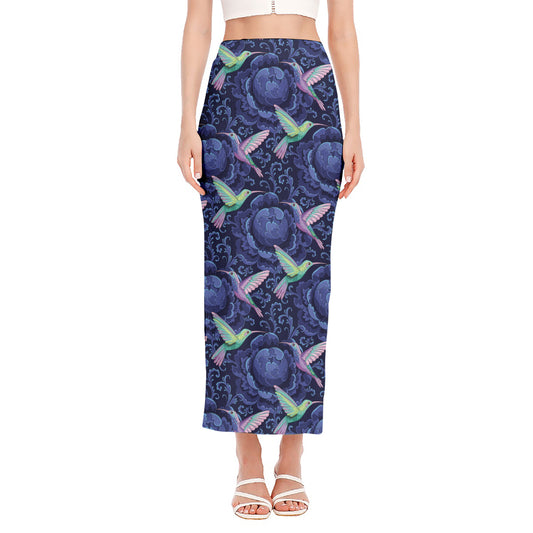 Dark Blue Floral Hummingbird Print Side Slit Maxi Skirt