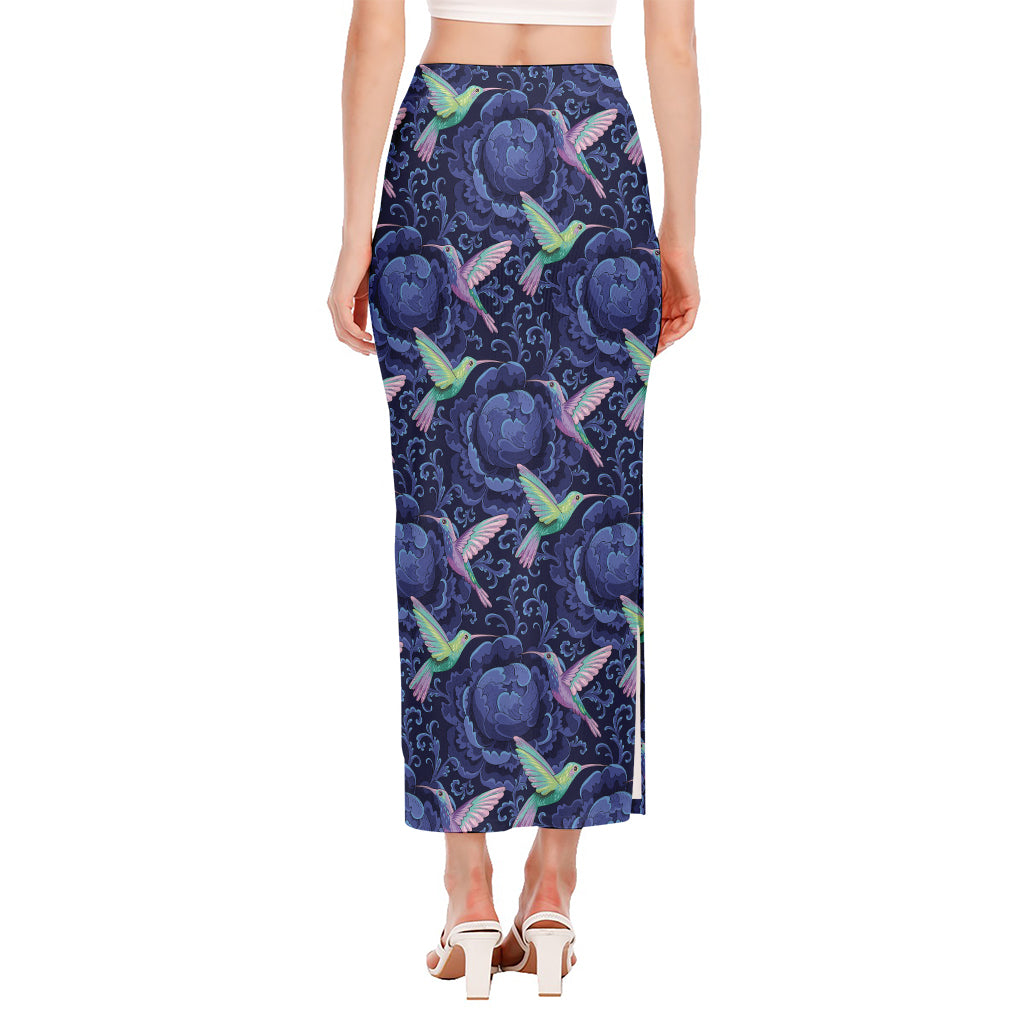 Dark Blue Floral Hummingbird Print Side Slit Maxi Skirt