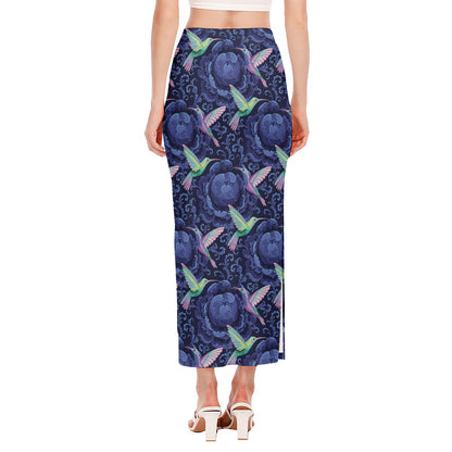Dark Blue Floral Hummingbird Print Side Slit Maxi Skirt
