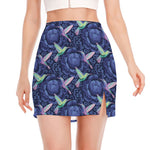 Dark Blue Floral Hummingbird Print Side Slit Mini Skirt