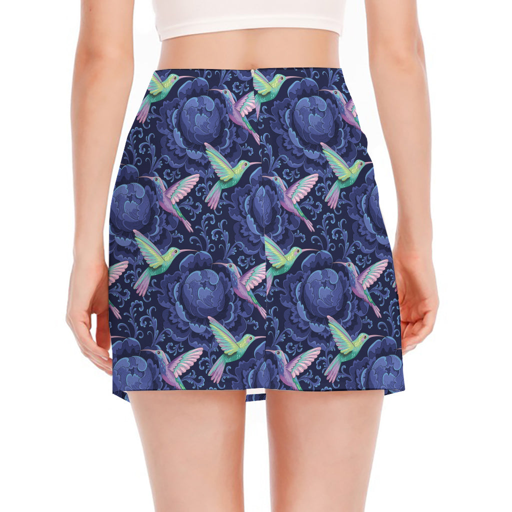 Dark Blue Floral Hummingbird Print Side Slit Mini Skirt
